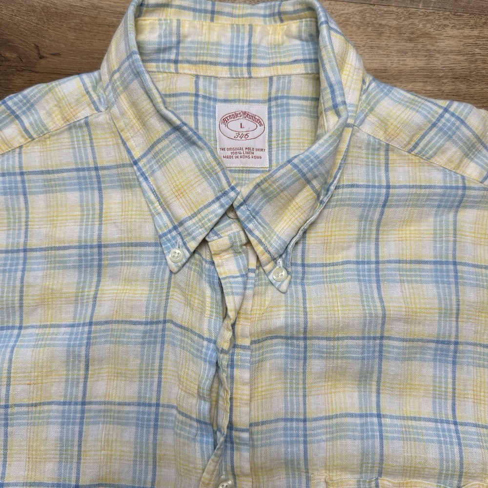 Brooks Brothers Shirt Mens Large Pastel Yellow Linen Short‎ Sleeve Button Down